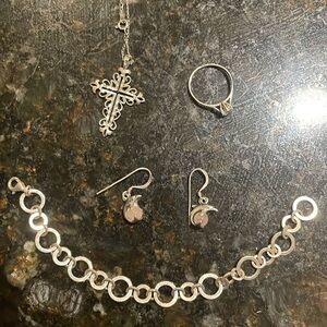 Sterling silver lot-ring,cross pendant,dolphin earrings, circle bracelet